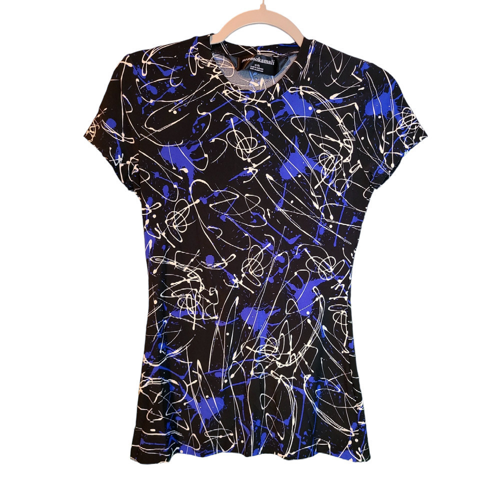 Norma Kamali Abstract Paint Splatter Black Short Sleeve Top Size Small